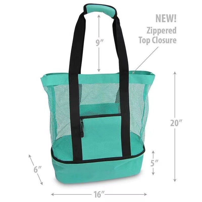2 IN 1 Mesh Beach Tote Bag With Cooler Compartment Beach Cooler Insulated Tote