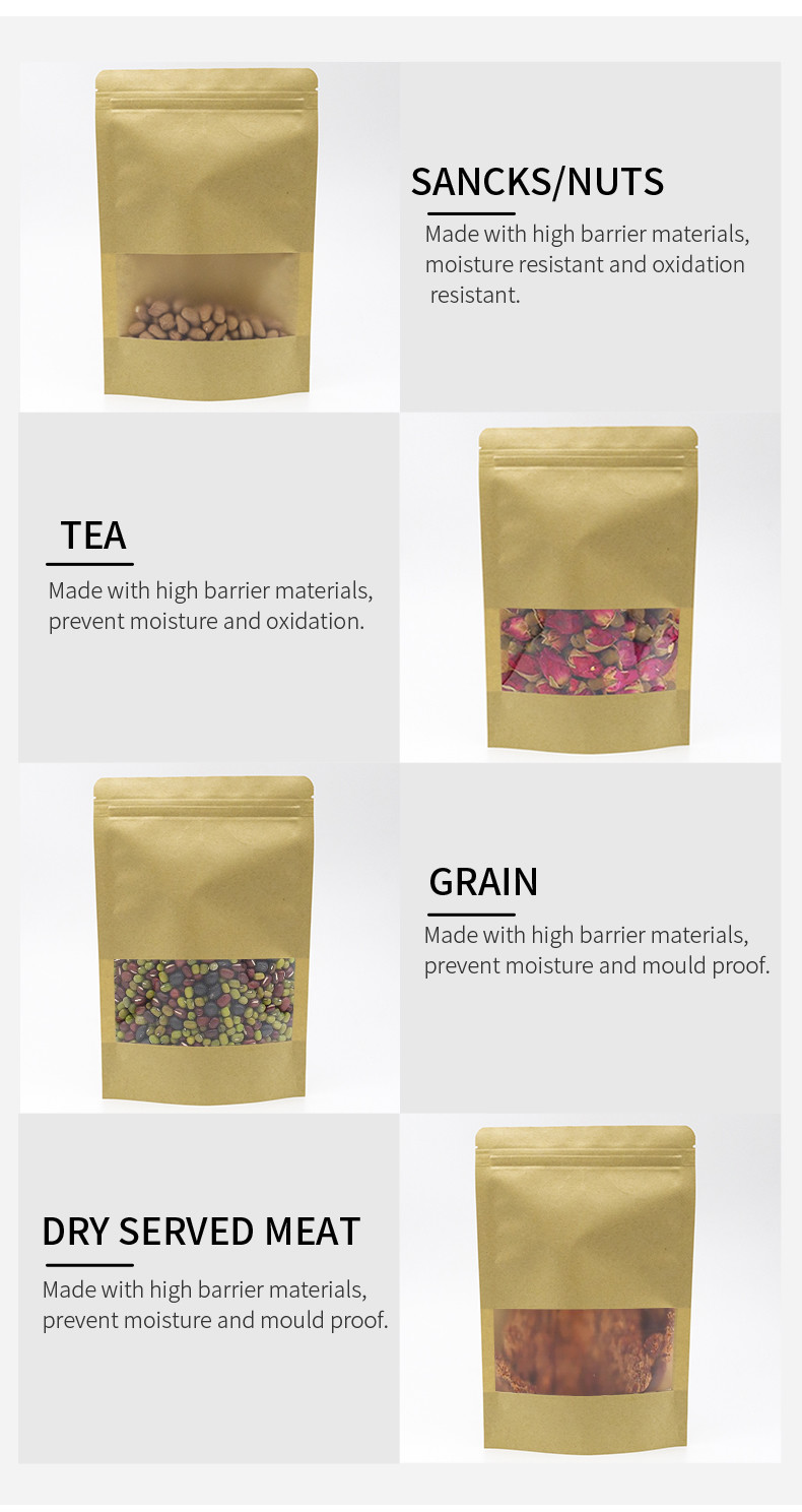 New Design Compostable Bag Biodegradable Packing Zipper Kraft Paper Packaging Bags Food Stand Up Pouch