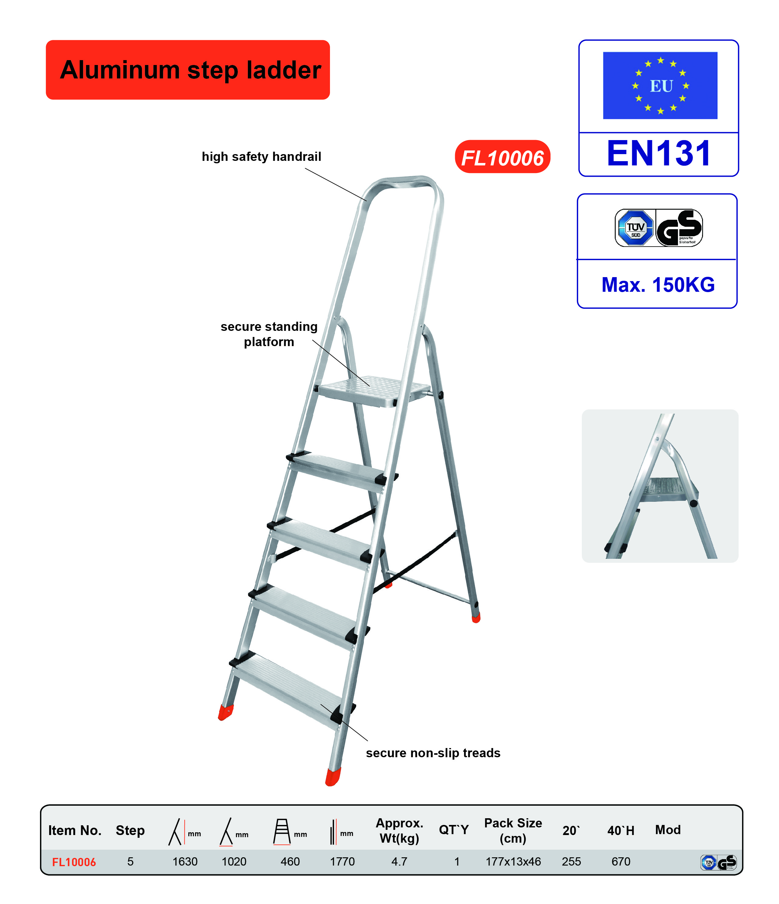 5 Steps Portable Domestic Foldaway Aluminum Step Ladder EN131 GS