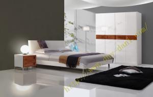 China metal feet double bed, nightstand and wardrobe, high gloss bedroom furniture on sale