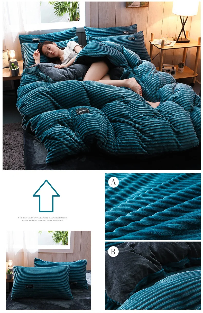 Polyester Flannel Velvet Fleece Winter Warm Solid Queen King Size Bedding Set for Beds