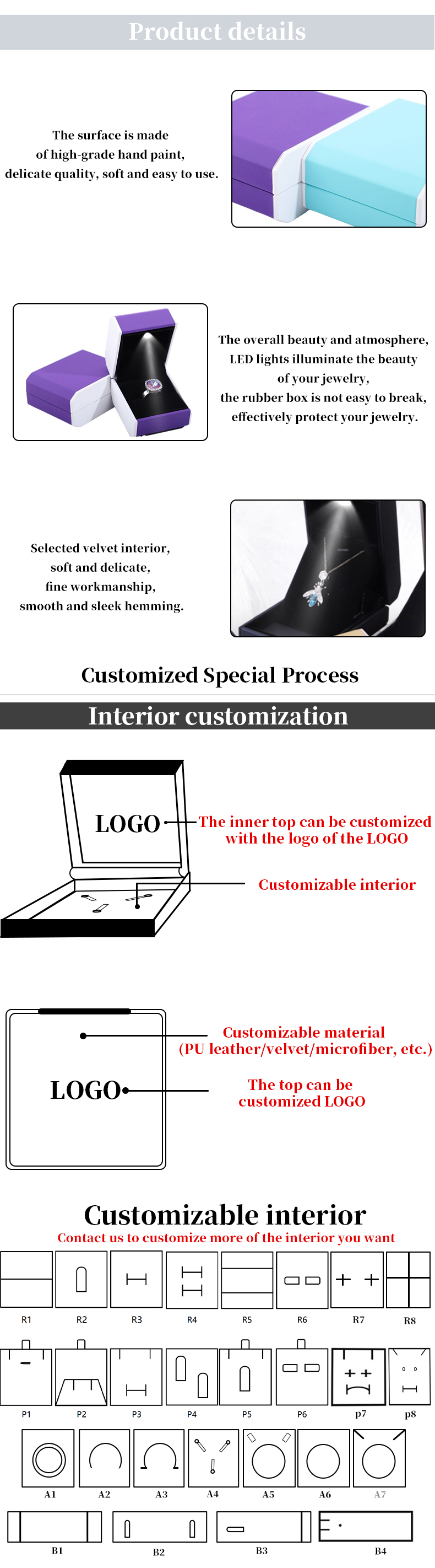 Customized Size LED Plastic Jewelry Box with Velvet Lining and LED Lighting