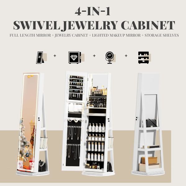 Modern Full Length Mirror Jewelry Cabinet with LED Modes and 3 Back Shelves for Jewelry Storage