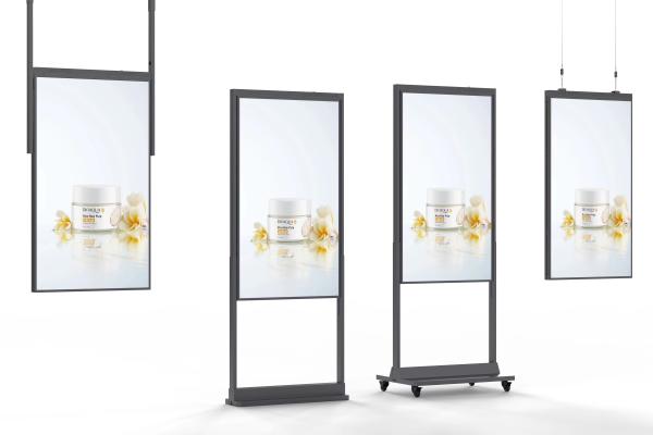 Industrial Shop Window Screen Hanging Highlights 4K Sunlight Readable Retail