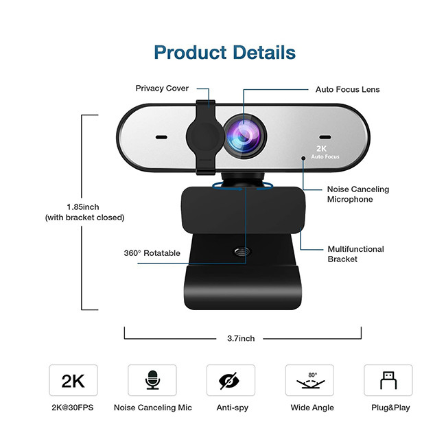 4MP Zoomable USB Camera , 2K Full HD Webcam With Privacy Cover
