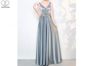 China Back Bandage Grey A Line Dress / V Neck Long Silver Beaded Prom Dress Sleeveless on sale