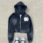 Zip Up Acid Wash Hoodies Distressed Embroidery Applique Custom French Terry Crop