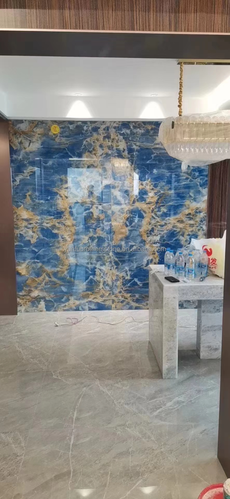 Blue Golden Onyx Stone Slabs Natural Translucent Marble for TV Background Wall Panels
