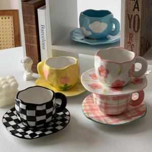 China ins ceramic mug handmade irregular 10oz customised coffee cup and saucer afternoon tea ceramic cup retro stoneware mug on sale