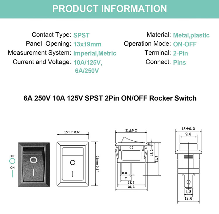 AC 6A/250V 10A/125V Black 2 Pin Position Snap in ON OFF Electrical Boat Rocker Switch