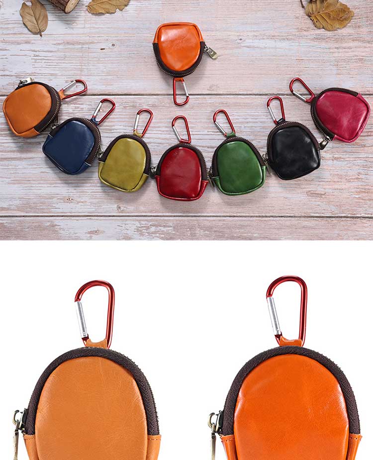 Unisex Daily Life Genuine Leather Mini Earphone Shell Keychain with Carabiner Hook