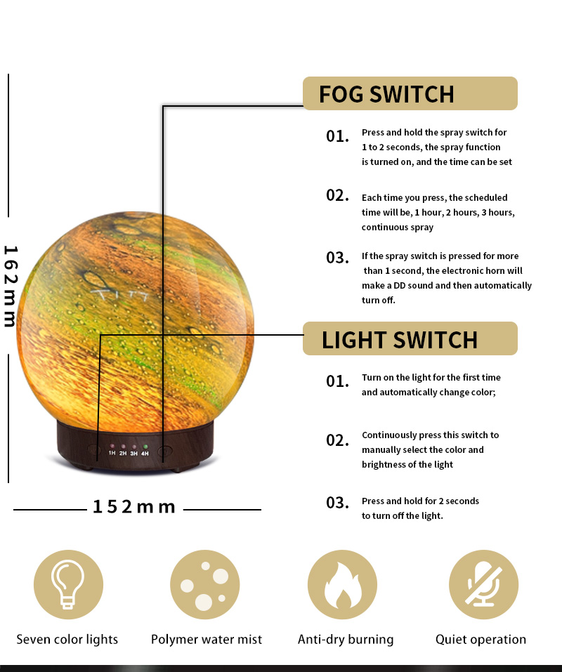 HOMEFISH 3D Glass Design Essential Oil Diffusers Planet Humidifier 120ml