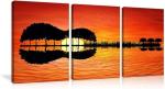 Urttiiyy 3 Panel Canvas Art Prints Music Abstract Guitar Tree Lake Sunset Art