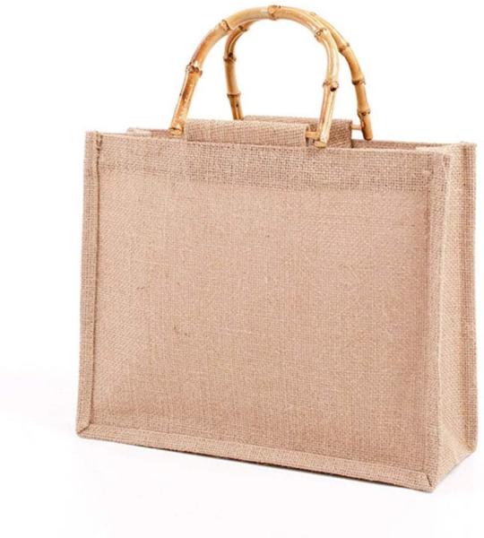 Portable Burlap Jute Shopping Bag Bamboo Loop Handles Reusable Tote Grocery Bags