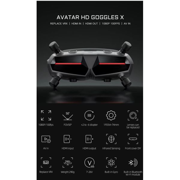 Walksnail HD X 1080P 100FPS Built-in Gyro Bluetooth Wi-Fi Module Avatar Goggles 7-26V FPV Drones Fixed-Wing Security Protection