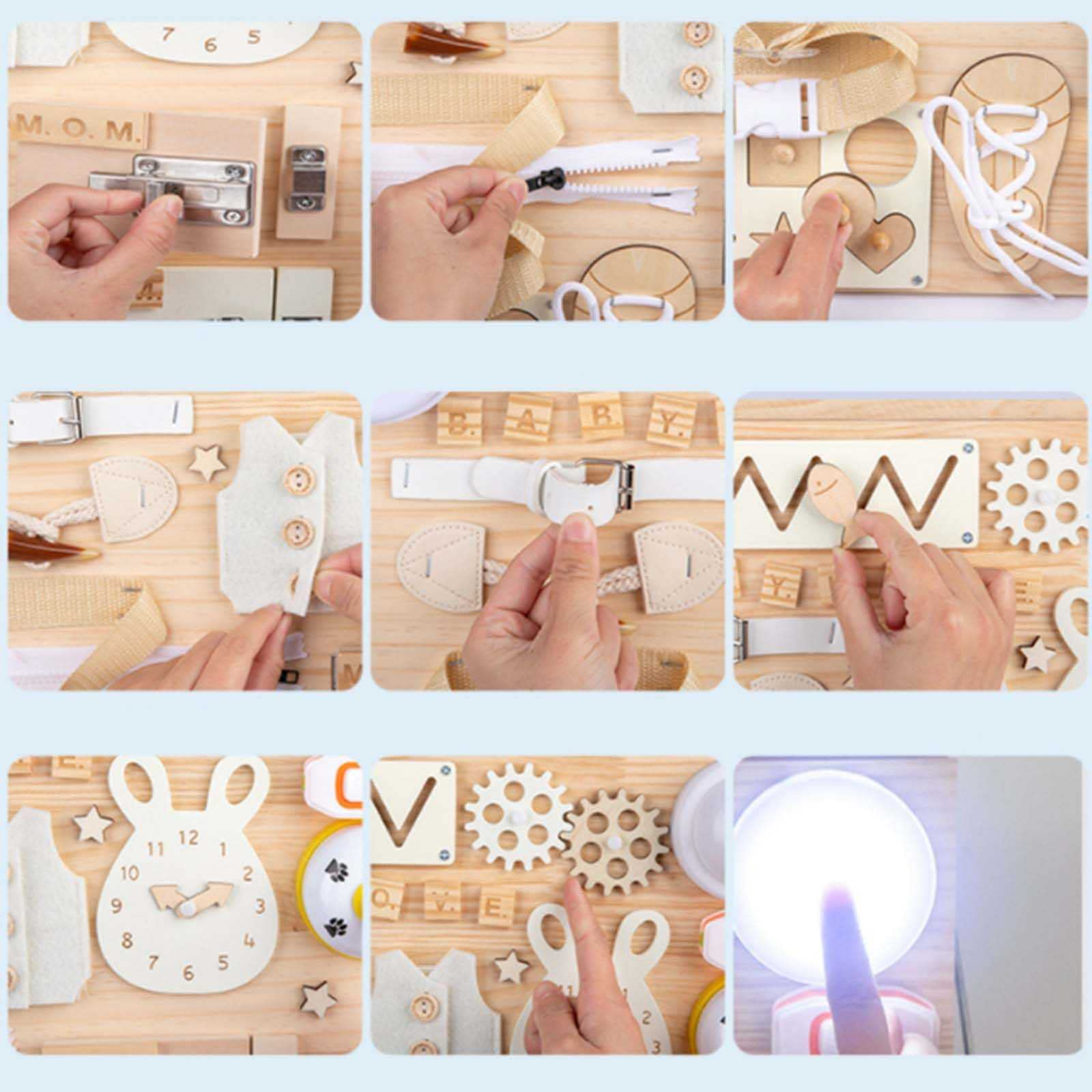 Basic Life Skills Activities Wooden Montessori Busy Board for Toddlers Picture Shown
