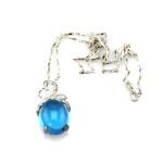 Sterling Silver Oval Created BlueTopaz Dome Cubic Zircon Gemstone Pendant Silver