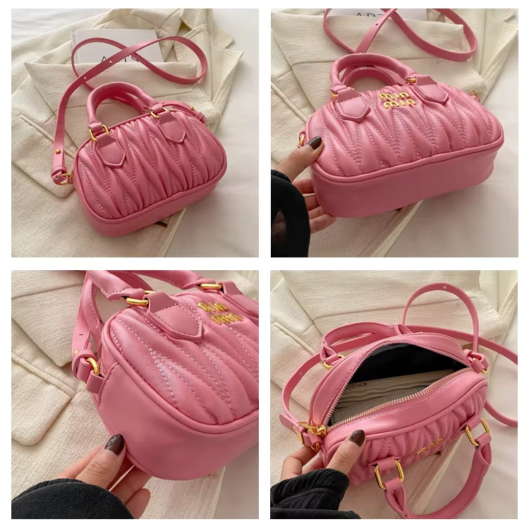 Summer Women's Small Leather Messenger Bag with Mini Pleated Pattern and ZIP Closure