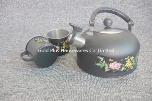 Wholesale Kitchen tea set flower painting stainless steel whistling tea pot black color whistling kettle with two cups from china suppliers