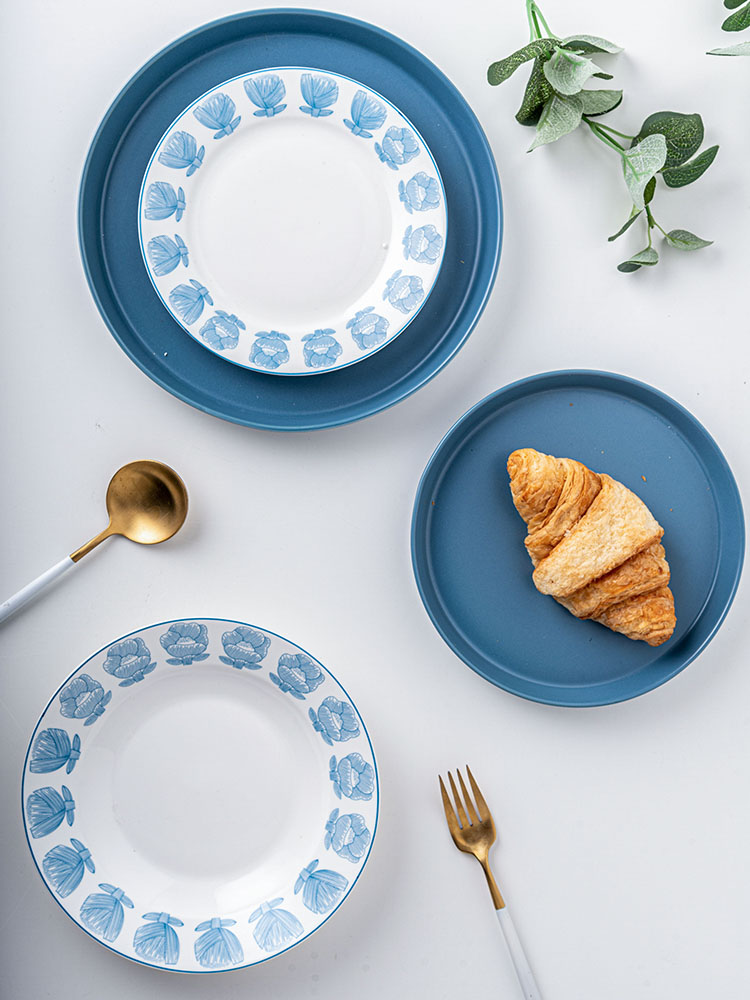 White Blue Bowls Charger Steak Plates Dish Tableware Porcelain Dinner Sets For 10 Users