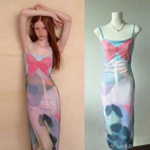 China Pink Blue Butterfly Halter Dress French Slit Slim Sexy Dress  Waist Slimming on sale