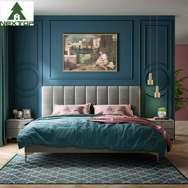 Custom Size Wooden Double Bed Queen Platform King Size Fabric Bed Hotel Bedroom