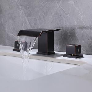 China Hotel Household Three Hole Widespread Matte Black Bathroom Faucet All Copper Split on sale