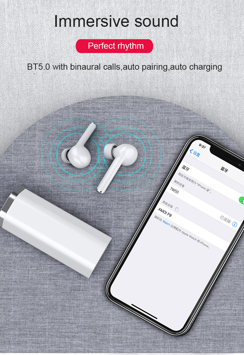 In Ear Mic Headphone TW50 Noise Cancelling Bluetooth Earphones