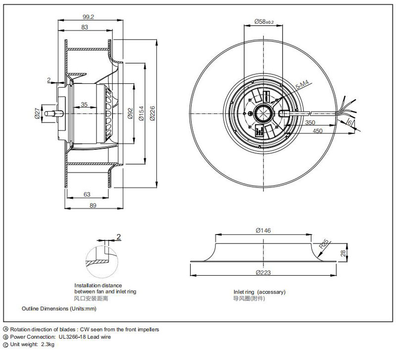 UL Approved Backward Curved Centrifugal Fan 225mm Diameter 800CFM 110V AC OEM ODM