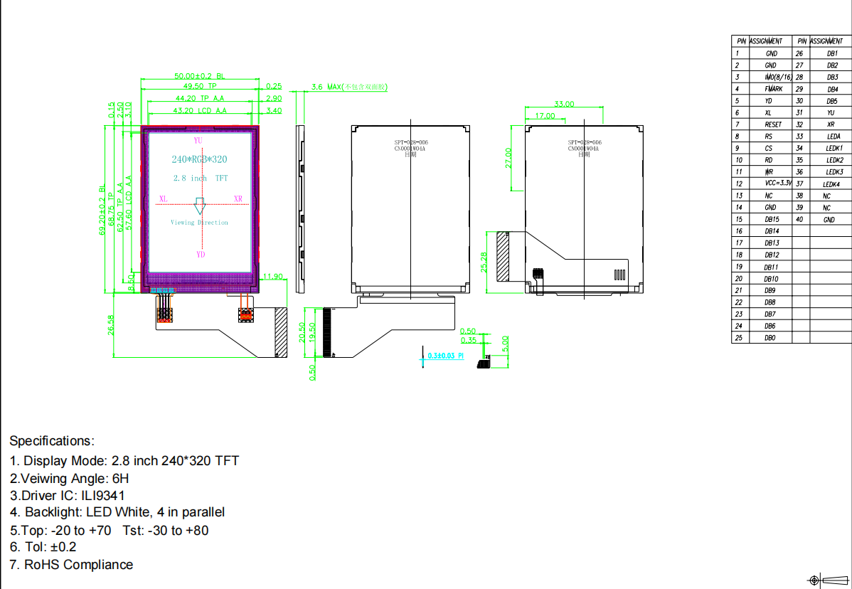 ILI9341V TFT LCD Module 2.8 Inch 240x320 40PIN With MCU 16bit Interface