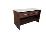 White quartz top with long metal bar walnut finish wooden bathroom cabinet