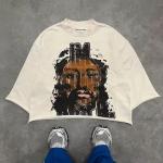 Black Cropped Graphic T Shirt Men 3/4 Sleeve Shirt Heavyweight Printed Cut Raw
