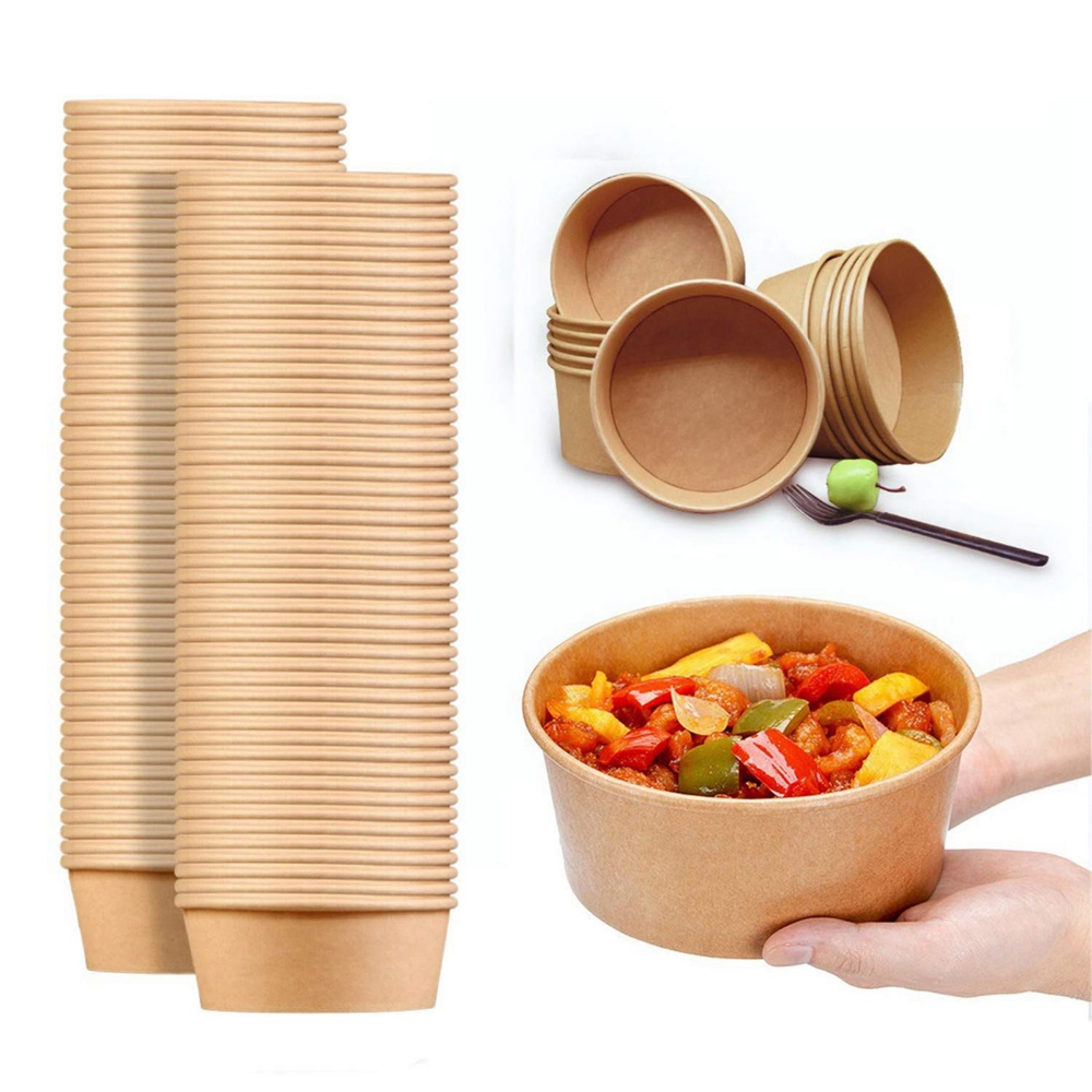 Custom Round 1300ml 1500ml Food Packaging Kraft Salad Paper Bowl With Lid Waterproof