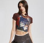 2024 Summer O Neck Tight Slim Fit Cotton Cropped T shirt Short Sleeve Y2k Crop