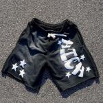 Men's Sun Faded Acid Wash Streetwear Shorts with Raw Hem and Rhinestone Puff