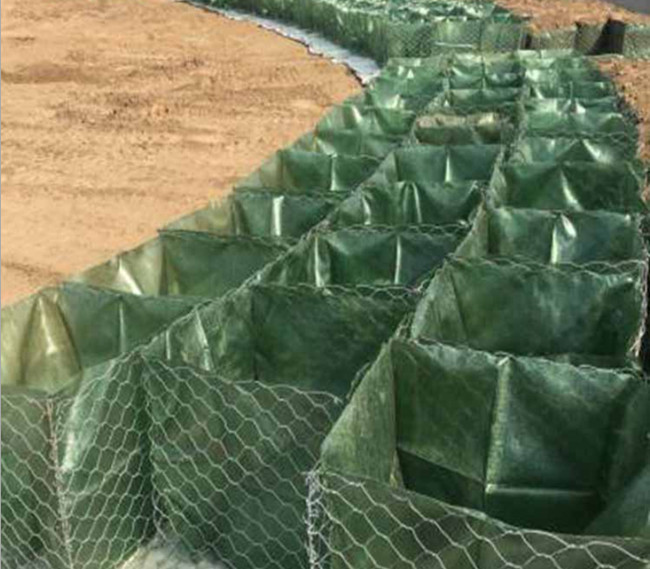 SGS ISO 80x100mm Hexagonal Gabion Basket Cage With Green Geotexile Bag