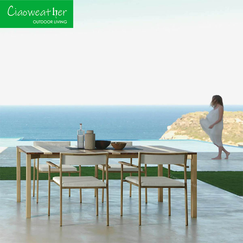 Teak Chair Sets for Outdoor Patio Gray Brown Rattan Table and Chairs in Modern Design
