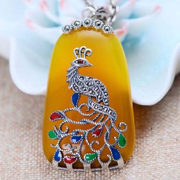 Retro Thailand Sterling Silver Synthesized Yellow Chalcedony Pendant Necklace
