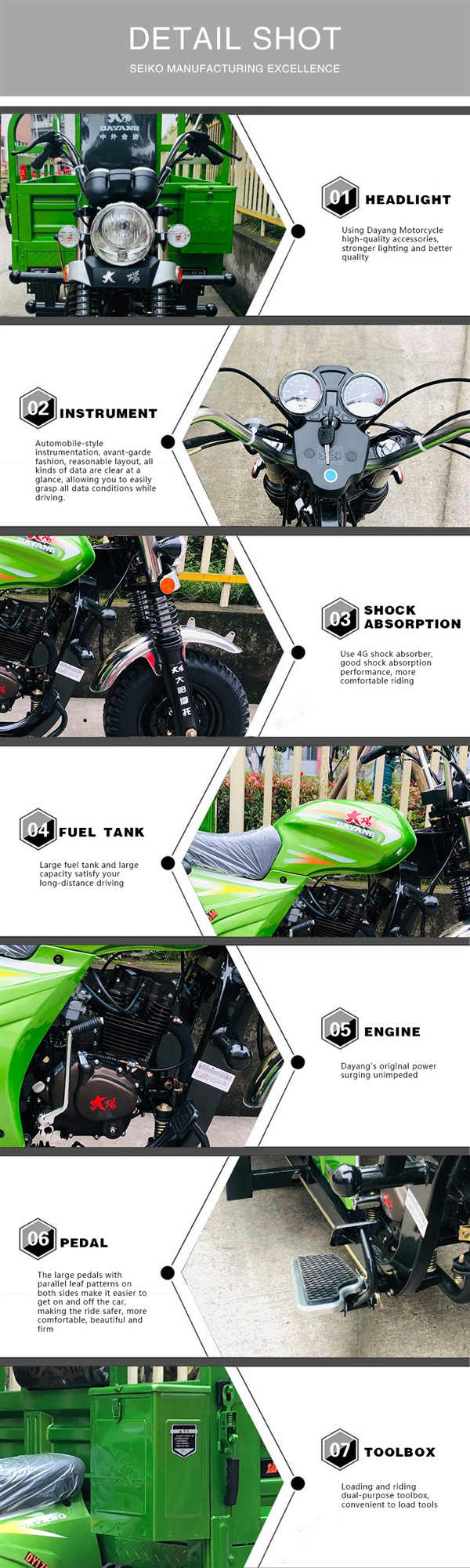 1000Kg Motorised Tricycle Three Wheel Cargo Motorcycle with 12V Electric and Kick Start