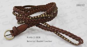 China Brown Leather Womens Braided Belts With Gold Satin Buckle / Old Brass Mushroom Studs on sale