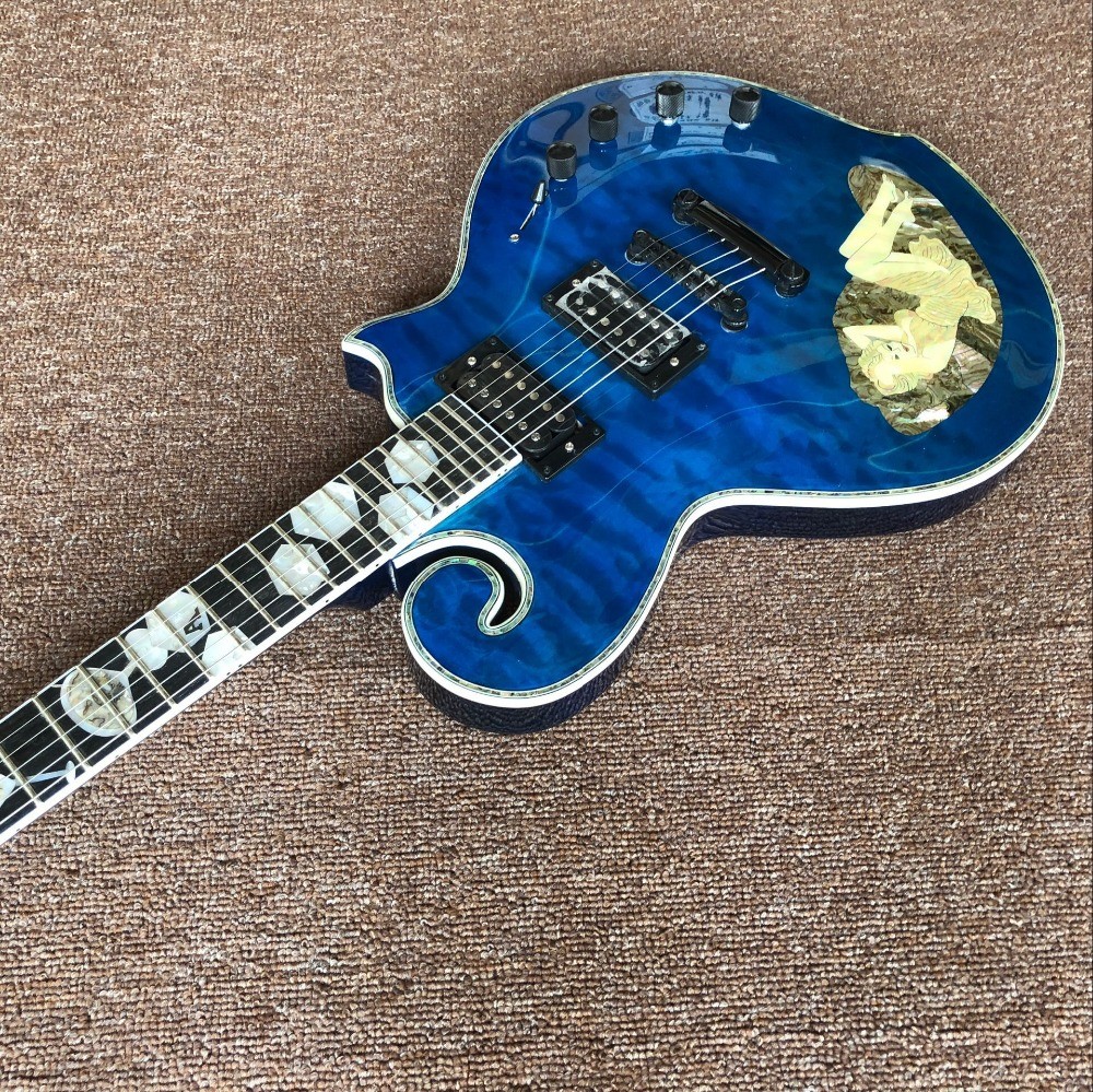 New handwork 6 Strings Rosewood fingerboard Electric Guitar with blue color flame top guitar and black hardware