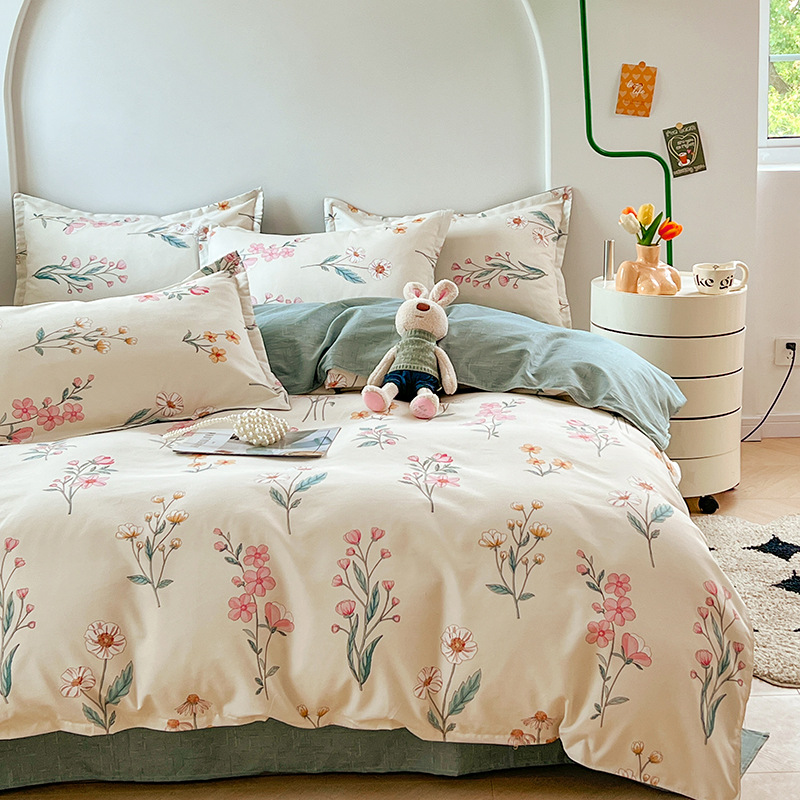 Plant Pattern Cotton Brushed Bedding Set for 2.2m 7 feet Bed Simple Design