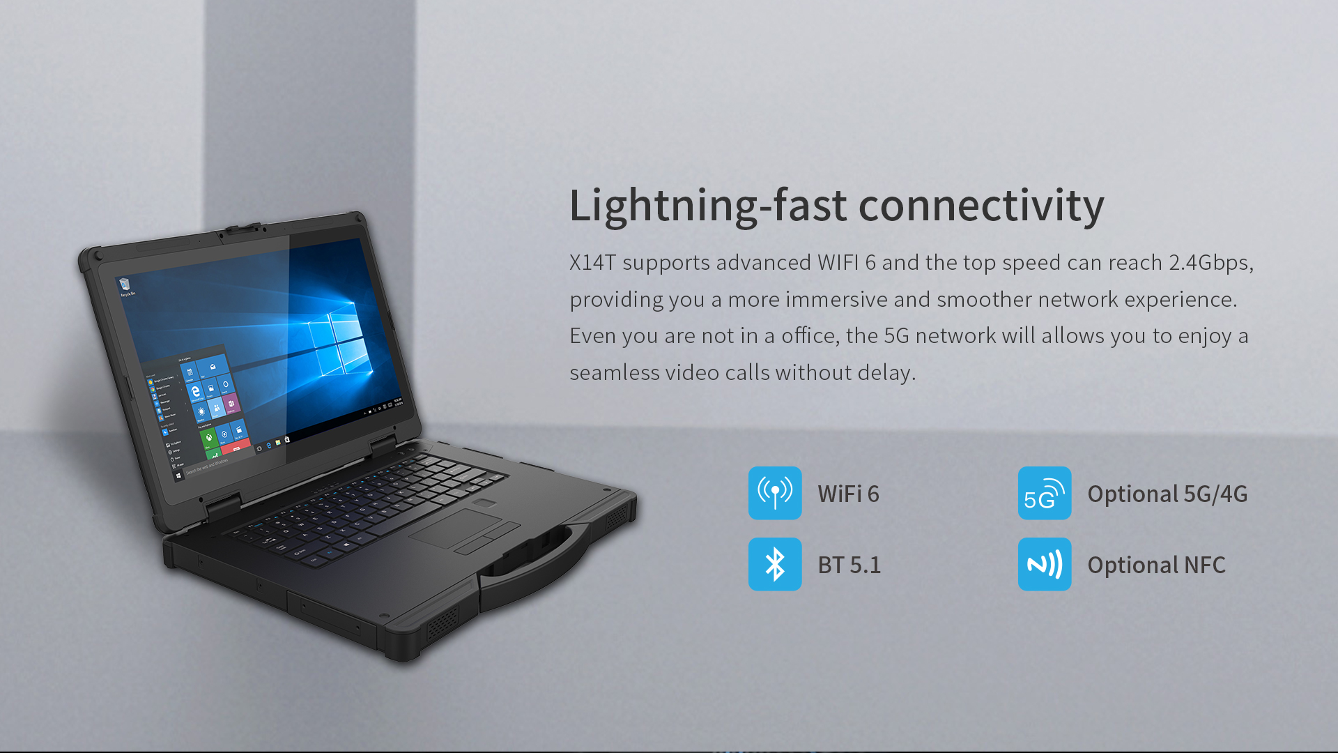 14 Inch Rugged Laptop with 5G NFC 1000nit FHD IP65 Win 11Home 16GB Video Memory Capacity