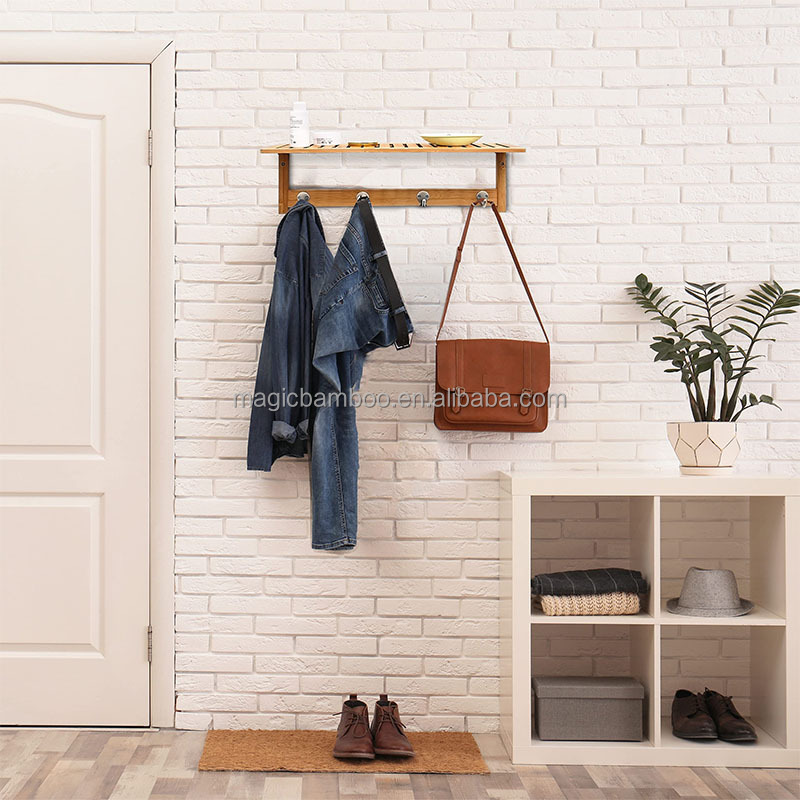 Modern and Functional Solid Bamboo Wooden Bathroom Shelf with 4 Stainless Steel Hooks
