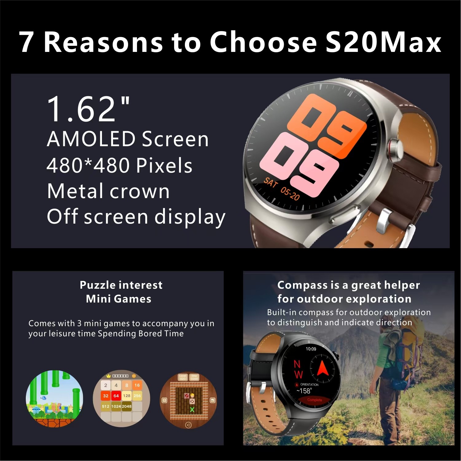 S20 Max Business Men Smart Watch 1.62-inch Screen Waterproof Wireless Charging BT Call