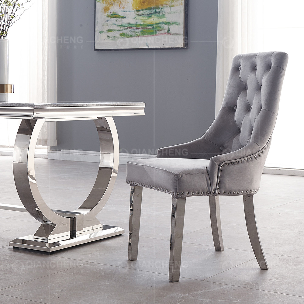 Velvet Tufted 54x64x100cm Gray Upholstered Dining Chairs Stainless Steel Foot