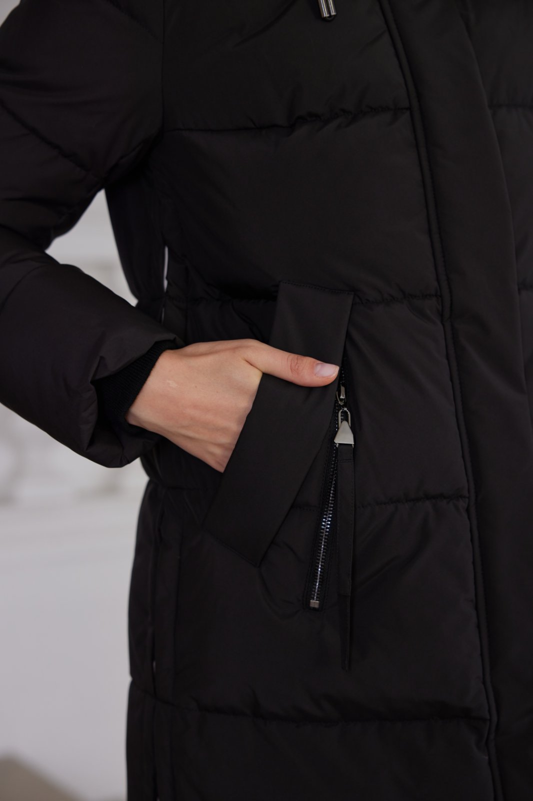 Classic Contrast Color Medium Length Thickened Down / Cotton Jacket, lower knees length, water proof, windproof black women coat, ,