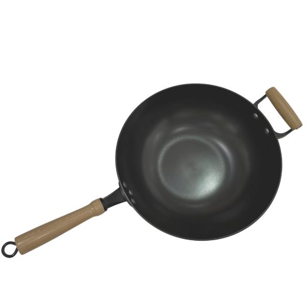 Heavy Duty 14 Inch Cast Iron Pan Chinese Wok Pan With Wooden Handle And Glass