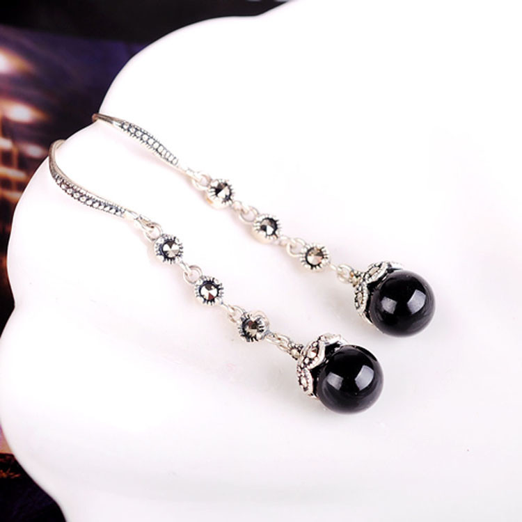 Antique Thai Silver Jewelry Sterling Silver Black Onyx Marcasite Drop Dangle Earring (E12031BLACK)